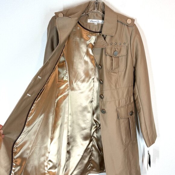 Vintage Kenneth Cole Military Trench Coat Jacket Y2K Medium Tan Retro Cargo - Picture 3 of 12